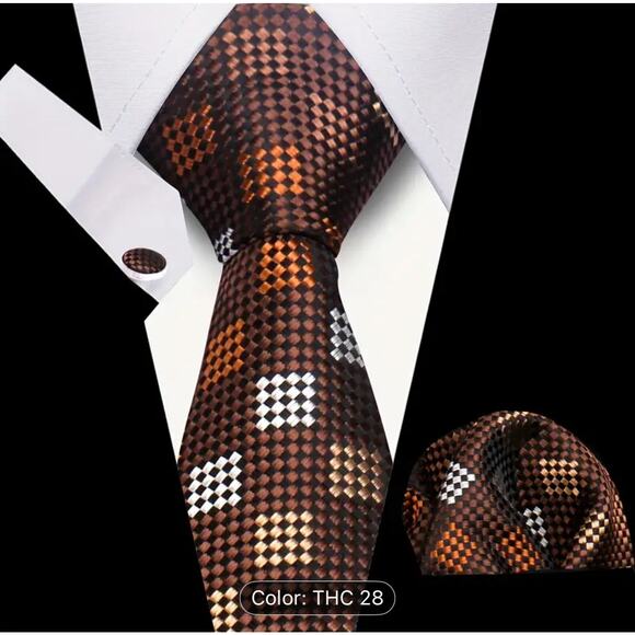 Men’s Silk Coordinated Tie Set - Brown with Gold Silver Bronze Squares - Picture 1 of 3